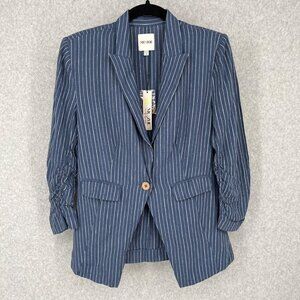 NIC+ZOE Womens Central Park Scrunch Sleeve Jacket Blazer Size 4 Blue Linen NEW